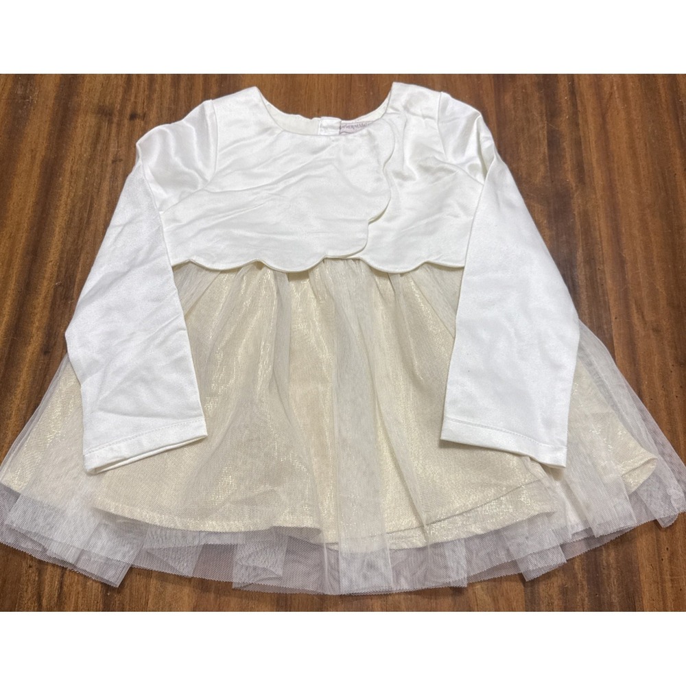 Toddler Girls 2T Formal Gold Glitter layered White scallop Top Rhinestone Button